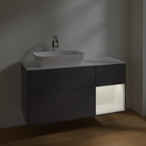 Bild von VILLEROY BOCH Finion Waschbeckenunterschrank, mit Beleuchtung, 3 Auszüge, 1200 x 603 x 501 mm, Anthracite Matt Lacquer / White Matt Lacquer / Glass White Matt #F811MTGK