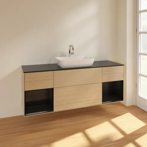 Bild von VILLEROY BOCH Finion Waschbeckenunterschrank, mit Beleuchtung, 4 Auszüge, 1600 x 603 x 501 mm, Oak Veneer / Black Matt Lacquer / Glass Black Matt #F862PDPC
