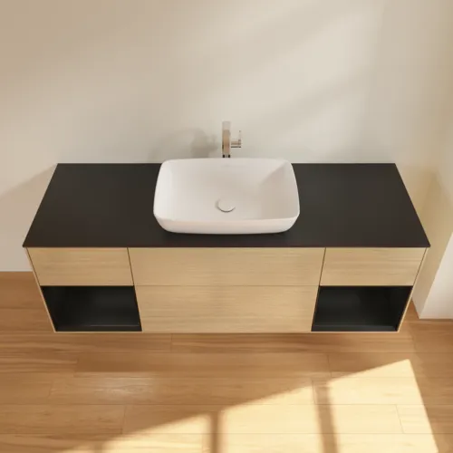Bild von VILLEROY BOCH Finion Waschbeckenunterschrank, mit Beleuchtung, 4 Auszüge, 1600 x 603 x 501 mm, Oak Veneer / Black Matt Lacquer / Glass Black Matt #F862PDPC