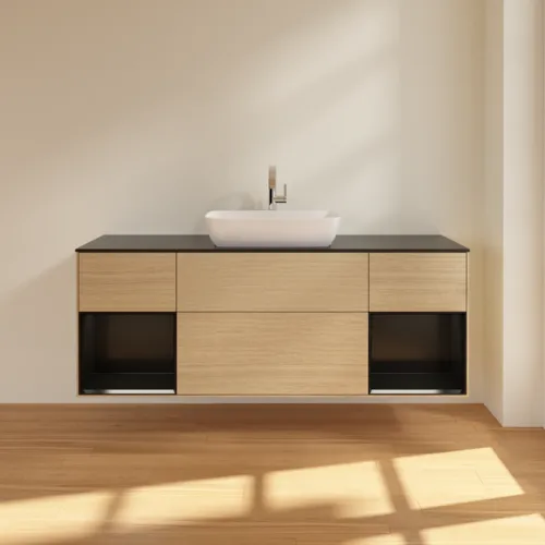 Bild von VILLEROY BOCH Finion Waschbeckenunterschrank, mit Beleuchtung, 4 Auszüge, 1600 x 603 x 501 mm, Oak Veneer / Black Matt Lacquer / Glass Black Matt #F862PDPC