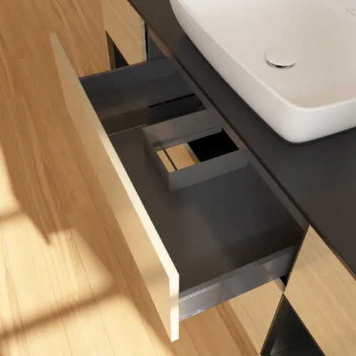 Bild von VILLEROY BOCH Finion Waschbeckenunterschrank, mit Beleuchtung, 4 Auszüge, 1600 x 603 x 501 mm, Oak Veneer / Black Matt Lacquer / Glass Black Matt #F862PDPC