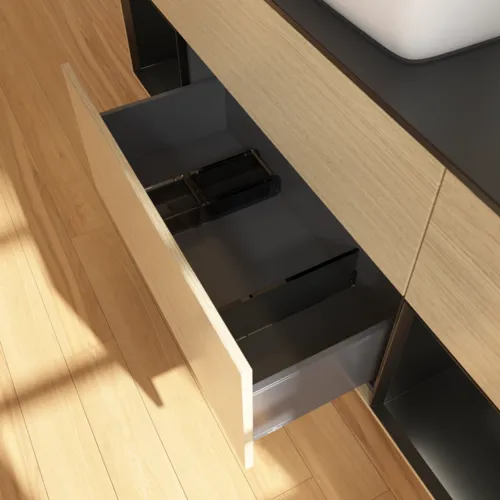 Bild von VILLEROY BOCH Finion Waschbeckenunterschrank, mit Beleuchtung, 4 Auszüge, 1600 x 603 x 501 mm, Oak Veneer / Black Matt Lacquer / Glass Black Matt #F862PDPC