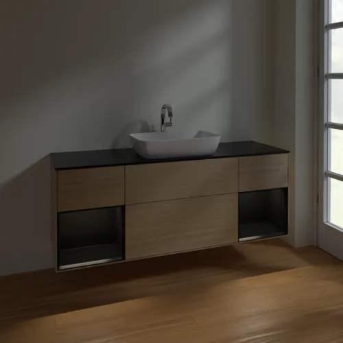 Bild von VILLEROY BOCH Finion Waschbeckenunterschrank, mit Beleuchtung, 4 Auszüge, 1600 x 603 x 501 mm, Oak Veneer / Black Matt Lacquer / Glass Black Matt #F862PDPC