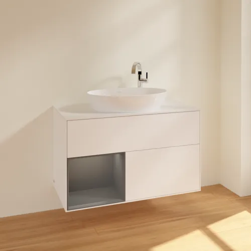 Bild von VILLEROY BOCH Finion Waschbeckenunterschrank, mit Beleuchtung, 2 Auszüge, 1000 x 603 x 501 mm, White Matt Lacquer / Anthracite Matt Lacquer / Glass White Matt #F891GKMT