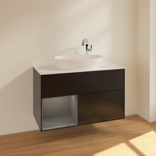 Bild von VILLEROY BOCH Finion Waschbeckenunterschrank, mit Beleuchtung, 2 Auszüge, 1000 x 603 x 501 mm, Black Matt Lacquer / Anthracite Matt Lacquer / Glass White Matt #F891GKPD