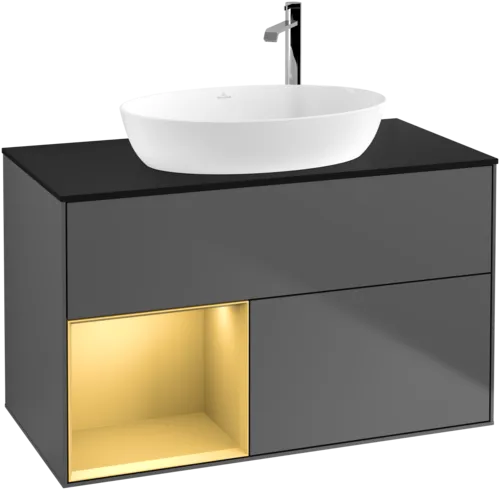Obrázek VILLEROY BOCH Toaletní skříňka Finion, s osvětlením, 2 výsuvy, 1000 x 603 x 501 mm, antracit matný lak / zlatý matný lak / černé matné sklo #F892HFGK