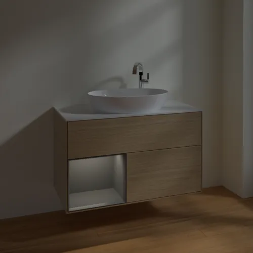 Bild von VILLEROY BOCH Finion Waschbeckenunterschrank, mit Beleuchtung, 2 Auszüge, 1000 x 603 x 501 mm, Oak Veneer / Anthracite Matt Lacquer / Glass White Matt #F891GKPC