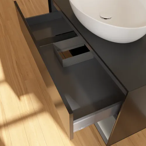 Obrázek VILLEROY BOCH Toaletní skříňka Finion, s osvětlením, 2 výsuvy, 1000 x 603 x 501 mm, černý matný lak / antracitový matný lak / černé matné sklo #F902GKPD