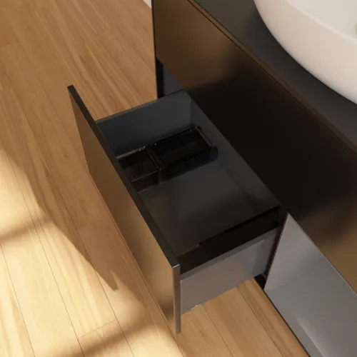 Obrázek VILLEROY BOCH Toaletní skříňka Finion, s osvětlením, 2 výsuvy, 1000 x 603 x 501 mm, černý matný lak / antracitový matný lak / černé matné sklo #F902GKPD