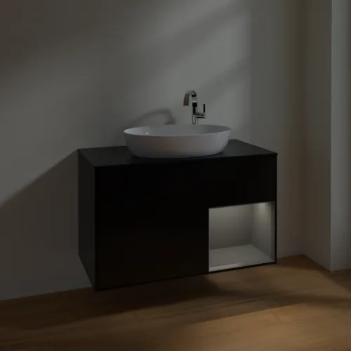 Obrázek VILLEROY BOCH Toaletní skříňka Finion, s osvětlením, 2 výsuvy, 1000 x 603 x 501 mm, černý matný lak / antracitový matný lak / černé matné sklo #F902GKPD