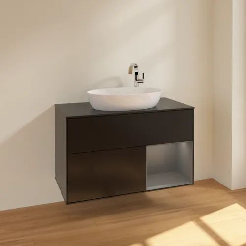 Obrázek VILLEROY BOCH Toaletní skříňka Finion, s osvětlením, 2 výsuvy, 1000 x 603 x 501 mm, černý matný lak / antracitový matný lak / černé matné sklo #F902GKPD