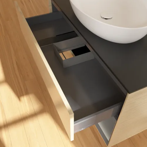 VILLEROY BOCH Finion Waschbeckenunterschrank, mit Beleuchtung, 2 Auszüge, 1000 x 603 x 501 mm, Oak Veneer / Anthracite Matt Lacquer / Glass Black Matt #F902GKPC, Bild 8