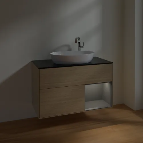 VILLEROY BOCH Finion Waschbeckenunterschrank, mit Beleuchtung, 2 Auszüge, 1000 x 603 x 501 mm, Oak Veneer / Anthracite Matt Lacquer / Glass Black Matt #F902GKPC, Bild 5