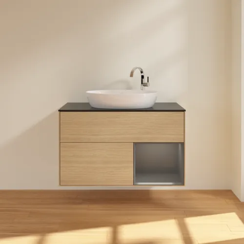VILLEROY BOCH Finion Waschbeckenunterschrank, mit Beleuchtung, 2 Auszüge, 1000 x 603 x 501 mm, Oak Veneer / Anthracite Matt Lacquer / Glass Black Matt #F902GKPC, Bild 3