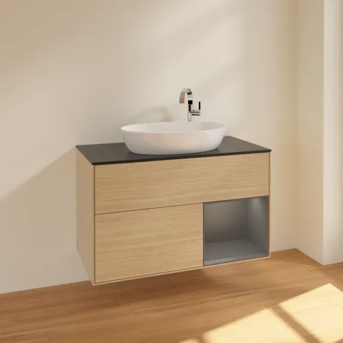 VILLEROY BOCH Finion Waschbeckenunterschrank, mit Beleuchtung, 2 Auszüge, 1000 x 603 x 501 mm, Oak Veneer / Anthracite Matt Lacquer / Glass Black Matt #F902GKPC, Bild 2