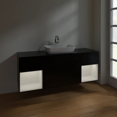 VILLEROY BOCH Finion Waschbeckenunterschrank, mit Beleuchtung, 4 Auszüge, 1600 x 603 x 501 mm, Black Matt Lacquer / Glossy White Lacquer / Glass Black Matt #F862GFPD, Bild 5