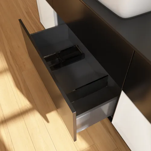 VILLEROY BOCH Finion Waschbeckenunterschrank, mit Beleuchtung, 4 Auszüge, 1600 x 603 x 501 mm, Black Matt Lacquer / Glossy White Lacquer / Glass Black Matt #F862GFPD, Bild 7