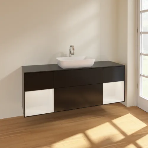 VILLEROY BOCH Finion Waschbeckenunterschrank, mit Beleuchtung, 4 Auszüge, 1600 x 603 x 501 mm, Black Matt Lacquer / Glossy White Lacquer / Glass Black Matt #F862GFPD, Bild 2