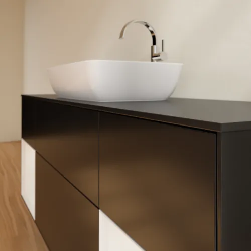 VILLEROY BOCH Finion Waschbeckenunterschrank, mit Beleuchtung, 4 Auszüge, 1600 x 603 x 501 mm, Black Matt Lacquer / Glossy White Lacquer / Glass Black Matt #F862GFPD, Bild 6