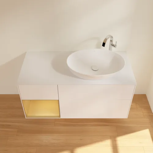 Bild von VILLEROY BOCH Finion Waschbeckenunterschrank, mit Beleuchtung, 3 Auszüge, 1200 x 603 x 501 mm, White Matt Lacquer / Gold Matt Lacquer / Glass White Matt #F921HFMT