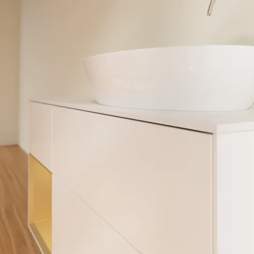 Bild von VILLEROY BOCH Finion Waschbeckenunterschrank, mit Beleuchtung, 3 Auszüge, 1200 x 603 x 501 mm, White Matt Lacquer / Gold Matt Lacquer / Glass White Matt #F921HFMT