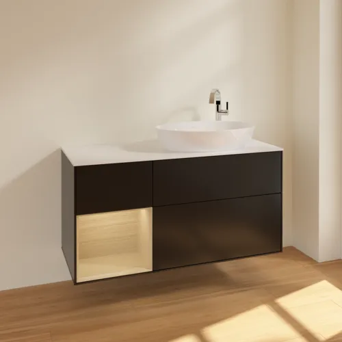 Bild von VILLEROY BOCH Finion Waschbeckenunterschrank, mit Beleuchtung, 3 Auszüge, 1200 x 603 x 501 mm, Black Matt Lacquer / Oak Veneer / Glass White Matt #F921PCPD