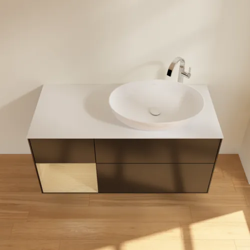 Bild von VILLEROY BOCH Finion Waschbeckenunterschrank, mit Beleuchtung, 3 Auszüge, 1200 x 603 x 501 mm, Black Matt Lacquer / Oak Veneer / Glass White Matt #F921PCPD