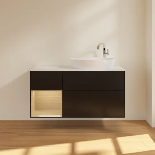 Bild von VILLEROY BOCH Finion Waschbeckenunterschrank, mit Beleuchtung, 3 Auszüge, 1200 x 603 x 501 mm, Black Matt Lacquer / Oak Veneer / Glass White Matt #F921PCPD