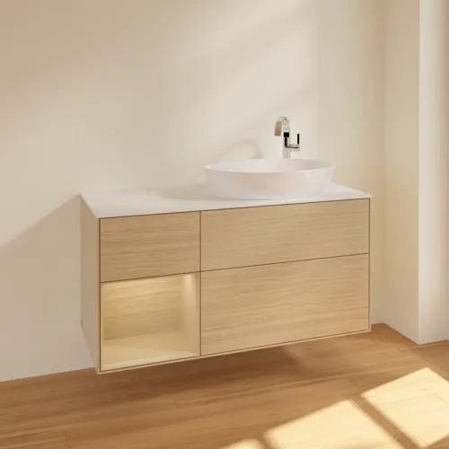 Bild von VILLEROY BOCH Finion Waschbeckenunterschrank, mit Beleuchtung, 3 Auszüge, 1200 x 603 x 501 mm, Oak Veneer / Oak Veneer / Glass White Matt #F921PCPC