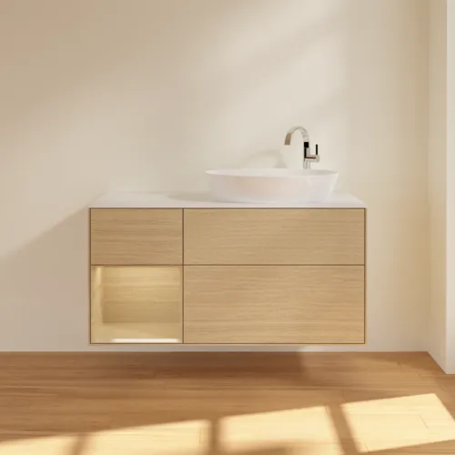 Bild von VILLEROY BOCH Finion Waschbeckenunterschrank, mit Beleuchtung, 3 Auszüge, 1200 x 603 x 501 mm, Oak Veneer / Oak Veneer / Glass White Matt #F921PCPC