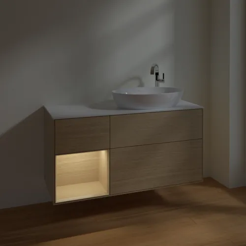 Bild von VILLEROY BOCH Finion Waschbeckenunterschrank, mit Beleuchtung, 3 Auszüge, 1200 x 603 x 501 mm, Oak Veneer / Oak Veneer / Glass White Matt #F921PCPC