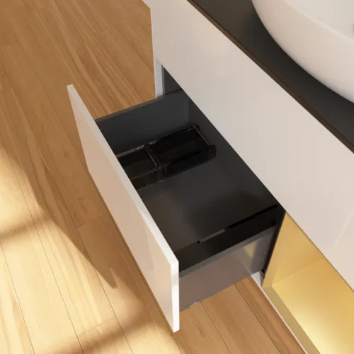 Obrázek VILLEROY BOCH Toaletní skříňka Finion, s osvětlením, 2 výsuvy, 1000 x 603 x 501 mm, lesklý bílý lak / zlatý matný lak / černé matné sklo #F902HFGF