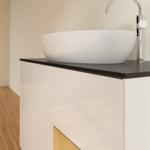 Obrázek VILLEROY BOCH Toaletní skříňka Finion, s osvětlením, 2 výsuvy, 1000 x 603 x 501 mm, lesklý bílý lak / zlatý matný lak / černé matné sklo #F902HFGF