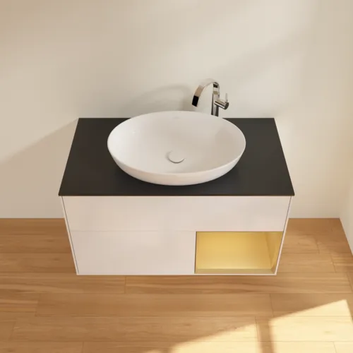Obrázek VILLEROY BOCH Toaletní skříňka Finion, s osvětlením, 2 výsuvy, 1000 x 603 x 501 mm, lesklý bílý lak / zlatý matný lak / černé matné sklo #F902HFGF