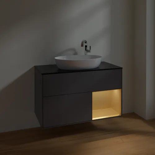 VILLEROY BOCH Finion Waschbeckenunterschrank, mit Beleuchtung, 2 Auszüge, 1000 x 603 x 501 mm, Anthracite Matt Lacquer / Gold Matt Lacquer / Glass Black Matt #F902HFGK, Bild 4