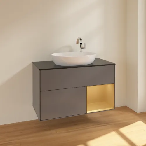 VILLEROY BOCH Finion Waschbeckenunterschrank, mit Beleuchtung, 2 Auszüge, 1000 x 603 x 501 mm, Anthracite Matt Lacquer / Gold Matt Lacquer / Glass Black Matt #F902HFGK, Bild 2