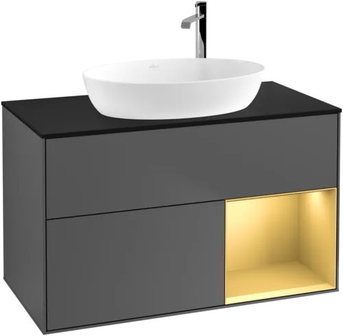 Obrázek VILLEROY BOCH Toaletní skříňka Finion, s osvětlením, 2 výsuvy, 1000 x 603 x 501 mm, antracit matný lak / zlatý matný lak / černé matné sklo #F902HFGK