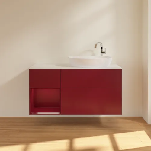 Bild von VILLEROY BOCH Finion Waschbeckenunterschrank, mit Beleuchtung, 3 Auszüge, 1200 x 603 x 501 mm, Peony Matt Lacquer / Peony Matt Lacquer / Glass White Matt #F921HBHB