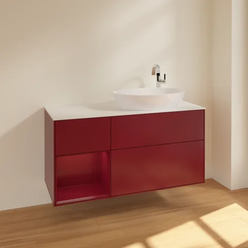 Bild von VILLEROY BOCH Finion Waschbeckenunterschrank, mit Beleuchtung, 3 Auszüge, 1200 x 603 x 501 mm, Peony Matt Lacquer / Peony Matt Lacquer / Glass White Matt #F921HBHB