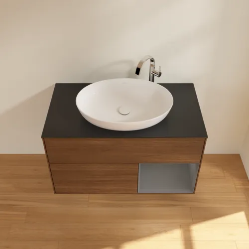 Bild von VILLEROY BOCH Finion Waschbeckenunterschrank, mit Beleuchtung, 2 Auszüge, 1000 x 603 x 501 mm, Walnut Veneer / Anthracite Matt Lacquer / Glass Black Matt #F902GKGN