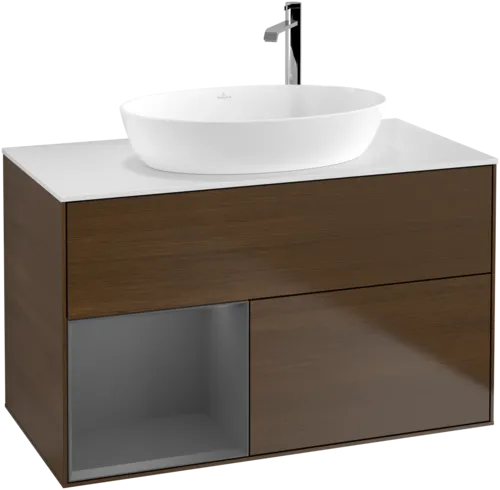 Picture of VILLEROY BOCH Finion Vanity unit, with lighting, 2 pull-out compartments, 1000 x 603 x 501 mm, Walnut Veneer / Anthracite Matt Lacquer / Glass White Matt #F891GKGN