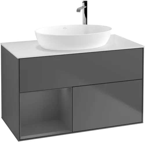 Picture of VILLEROY BOCH Finion Vanity unit, with lighting, 2 pull-out compartments, 1000 x 603 x 501 mm, Anthracite Matt Lacquer / Anthracite Matt Lacquer / Glass White Matt #F891GKGK
