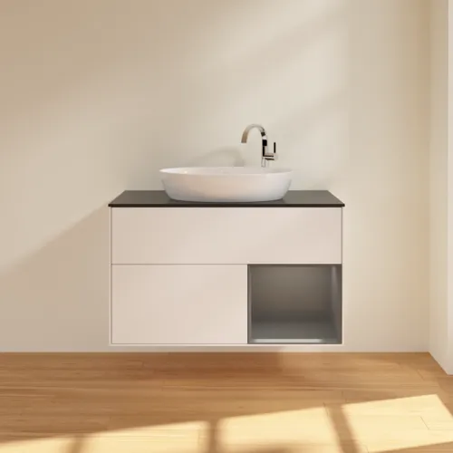 Bild von VILLEROY BOCH Finion Waschbeckenunterschrank, mit Beleuchtung, 2 Auszüge, 1000 x 603 x 501 mm, White Matt Lacquer / Anthracite Matt Lacquer / Glass Black Matt #F902GKMT