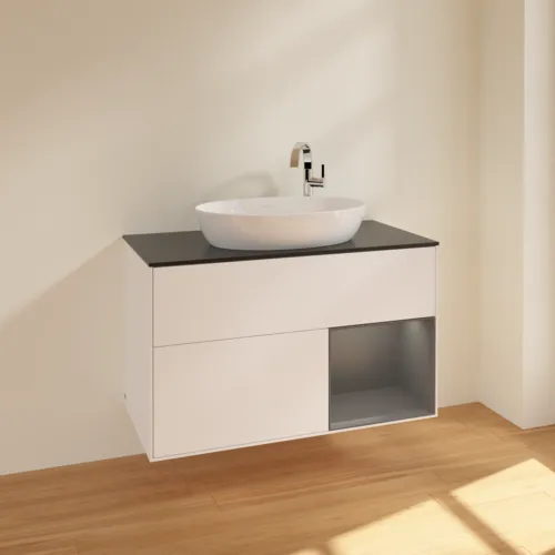 Bild von VILLEROY BOCH Finion Waschbeckenunterschrank, mit Beleuchtung, 2 Auszüge, 1000 x 603 x 501 mm, White Matt Lacquer / Anthracite Matt Lacquer / Glass Black Matt #F902GKMT