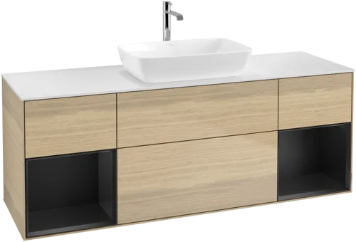 Picture of VILLEROY BOCH Finion Vanity unit, with lighting, 4 pull-out compartments, 1600 x 603 x 501 mm, Oak Veneer / Black Matt Lacquer / Glass White Matt #F861PDPC