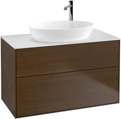 Picture of VILLEROY BOCH Finion Vanity unit, 2 pull-out compartments, 1000 x 603 x 501 mm, Walnut Veneer / Glass White Matt #F88100GN