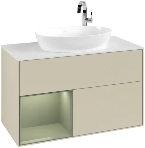 Picture of VILLEROY BOCH Finion Vanity unit, with lighting, 2 pull-out compartments, 1000 x 603 x 501 mm, Silk Grey Matt Lacquer / Olive Matt Lacquer / Glass White Matt #F891GMHJ