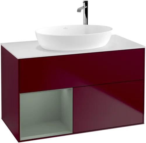 VILLEROY BOCH Finion Vanity unit, with lighting, 2 pull-out compartments, 1000 x 603 x 501 mm, Peony Matt Lacquer / Olive Matt Lacquer / Glass White Matt #F891GMHB resmi