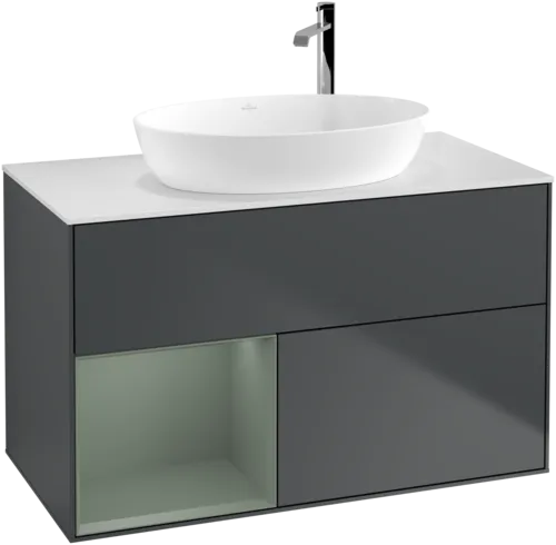 Picture of VILLEROY BOCH Finion Vanity unit, with lighting, 2 pull-out compartments, 1000 x 603 x 501 mm, Midnight Blue Matt Lacquer / Olive Matt Lacquer / Glass White Matt #F891GMHG