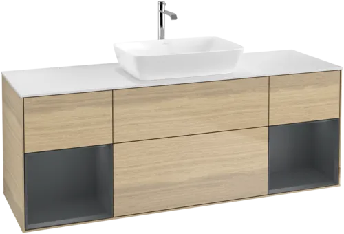 Picture of VILLEROY BOCH Finion Vanity unit, with lighting, 4 pull-out compartments, 1600 x 603 x 501 mm, Oak Veneer / Midnight Blue Matt Lacquer / Glass White Matt #F861HGPC